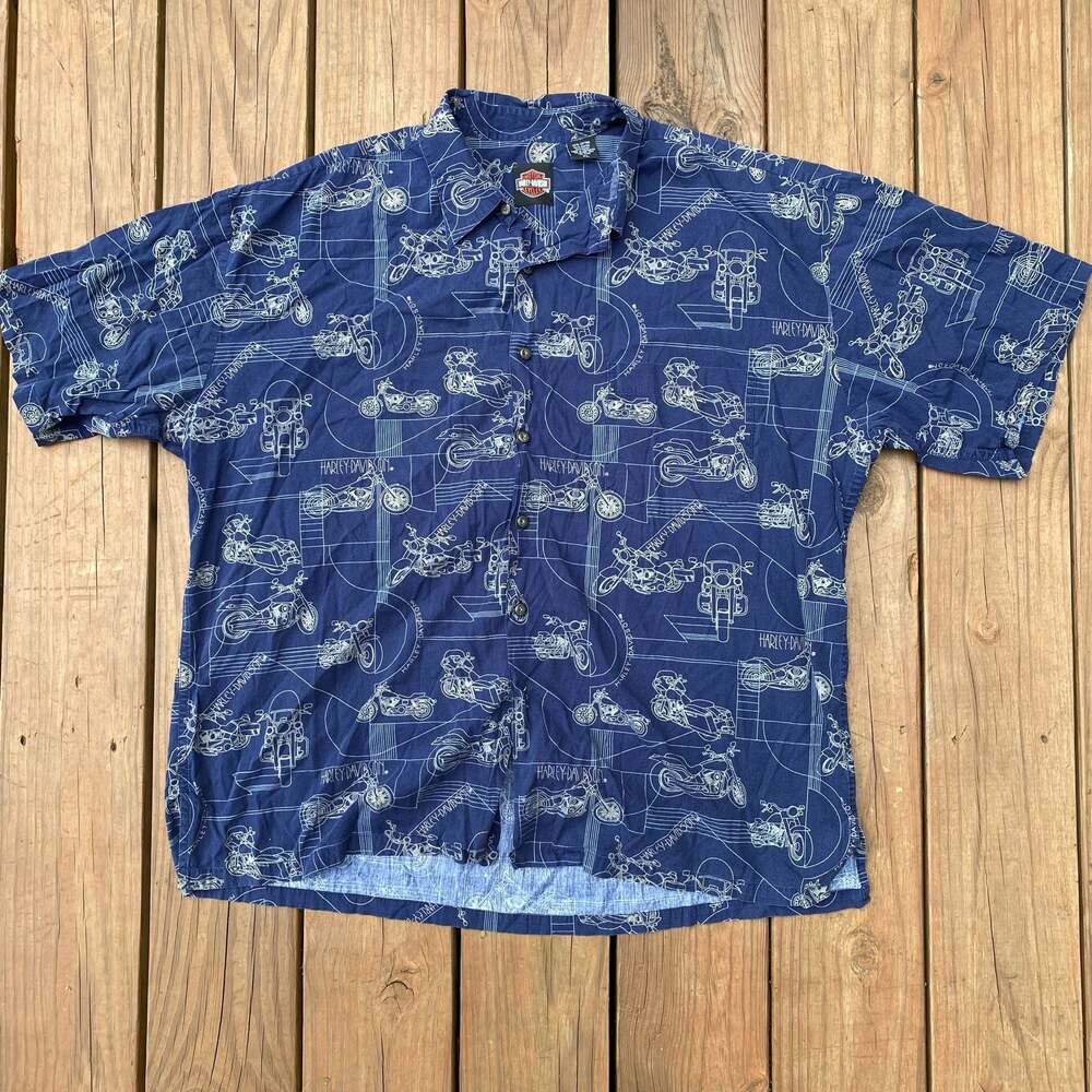 Harley-Davidson Men's Blue Motorcycle Print Short Sleeve Button Up Shirt XL